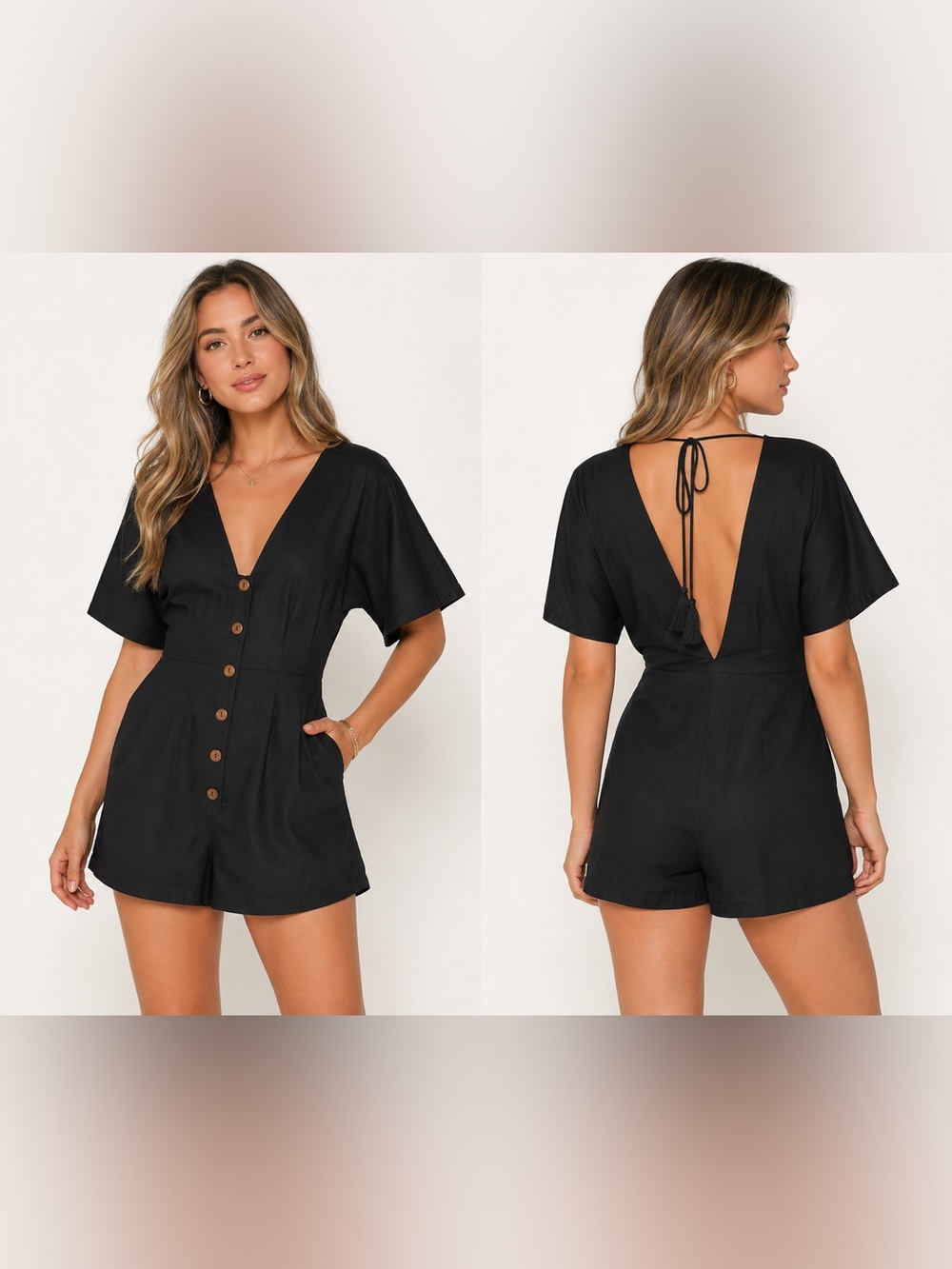 Seafolly Black Linen Cotton Blend Button Front Ocean Alley Playsuit Romper Sz. S